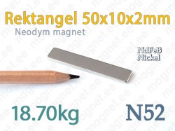 Neodymmagnet Rektangel 50x10x2mm N52, Nickel