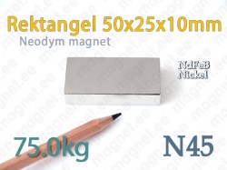 Neodymmagnet Rektangel 50x25x10mm, N45, Nickel