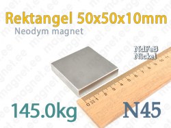 Neodymmagnet Rektangel 50x50x10mm, N45, Nickel
