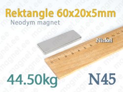 Neodymmagnet Rektangel 60x20x5mm, N45, Nickel