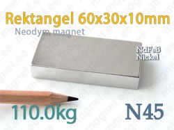 Neodymmagnet Rektangel 60x30x10mm N45, Nickel