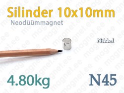 Neodüümmagnet Silinder 10x10mm, N45, Nikkel