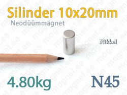 Silindermagnet - Neodüümmagnet Silinder 10x20mm, N45, Nikkel