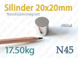 Neodüümmagnet Silinder 20x20mm, N45, Nikkel