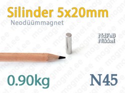 Silindermagnetid: Neodüümmagnet Silinder 5x20mm, N45, Nikkel