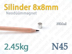 Silindermagnet - Neodüümmagnet Silinder 8x8mm, N45, Nikkel