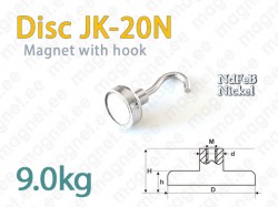 Magnet with Hook, Disc JK-20N, Nickel