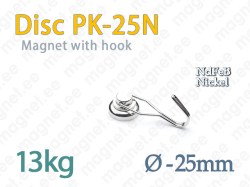 Magnet with Hook, Disc PK-25N, Nickel