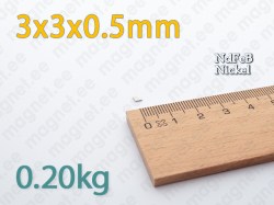 Neodüümmagnet Plokk 3x3x0,5mm, Nikkel kattega