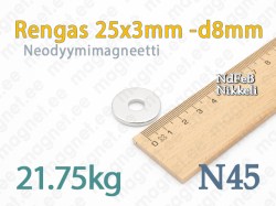 Neodyymimagneetti Rengas 25x3mm -d8mm, N45, Nikkeli