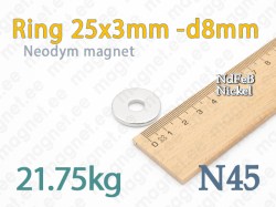 Neodym Ringmagnet 25x3mm -d8mm, N45, Nickel