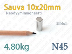 Neodyymi Sauvamagneetti 10x20mm, N45, Nikkeli