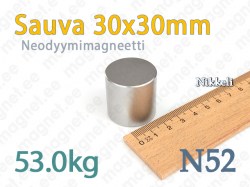 Neodyymi Sauvamagneetti 30x30mm, N52, Nikkeli