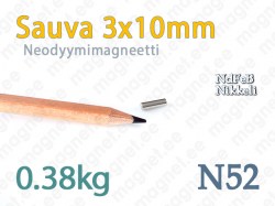 Neodyymi Sauvamagneetti 3x10mm, N52, Nikkeli