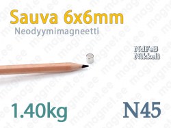 Neodyymi Sauvamagneetti 6x6mm, N45, Nikkeli