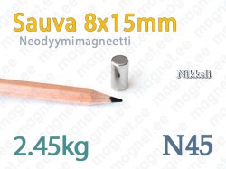 Neodyymi Sauvamagneetti 8x15mm, N45, Nikkeli