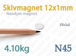 Neodym Skivmagnet 12x1mm, N45, Nickel