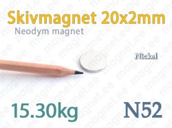 Neodym Skivmagnet 20x2mm, N52, Nickel