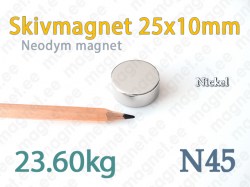 Neodym Skivmagnet 25x10mm, N45, Nickel