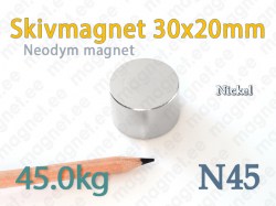 Neodym Skivmagnet 30x20mm, N45, Nickel