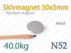 Neodym Skivmagnet 30x5mm, N52, Nickel