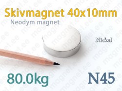 Neodym Skivmagnet 40x10mm, N45, Nickel
