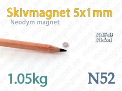 Neodym Skivmagnet 5x1mm, N52, Nickel