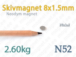 Neodym Skivmagnet 8x1,5mm, N52, Nickel