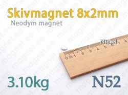 Neodym Skivmagnet 8x2mm, N52, Nickel