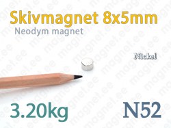 Neodym Skivmagnet 8x5mm, N52, Nickel
