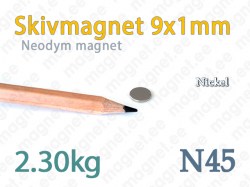 Neodym Skivmagnet 9x1mm, N45, Nickel