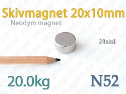 Neodym Skivmagnet 20x10mm, N52, Nickel