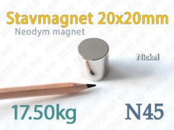 Neodym Stavmagnet 20x20mm, N45, Nickel