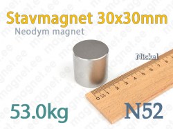 Neodym Stavmagnet 30x30mm, N52, Nickel