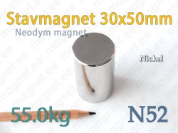 Neodym Stavmagnet 30x50mm, N52, Nickel