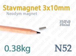 Neodym Stavmagnet 3x10mm, N52, Nickel