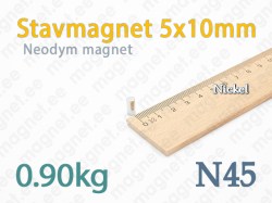 Neodym Stavmagnet 5x10mm, N45, Nickel