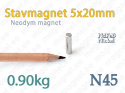 Neodym Stavmagnet 5x20mm, N45, Nickel