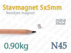 Neodym Stavmagnet 5x5mm, N45, Nickel