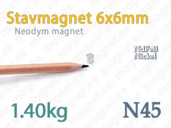 Neodym Stavmagnet 6x6mm, N45, Nickel