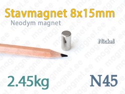 Neodym Stavmagnet 8x15mm, N45, Nickel