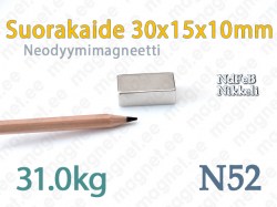 Neodyymi Suorakaidemagneetti 30x15x10mm, N52, Nikkeli
