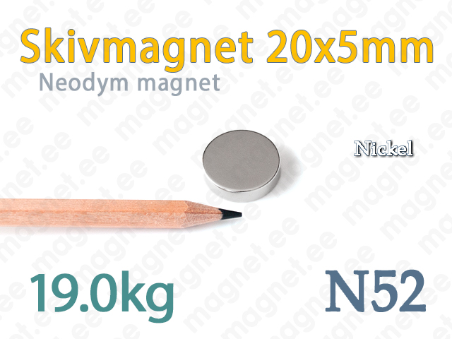 Neodym Skivmagnet 20x5mm, N52, Nickel